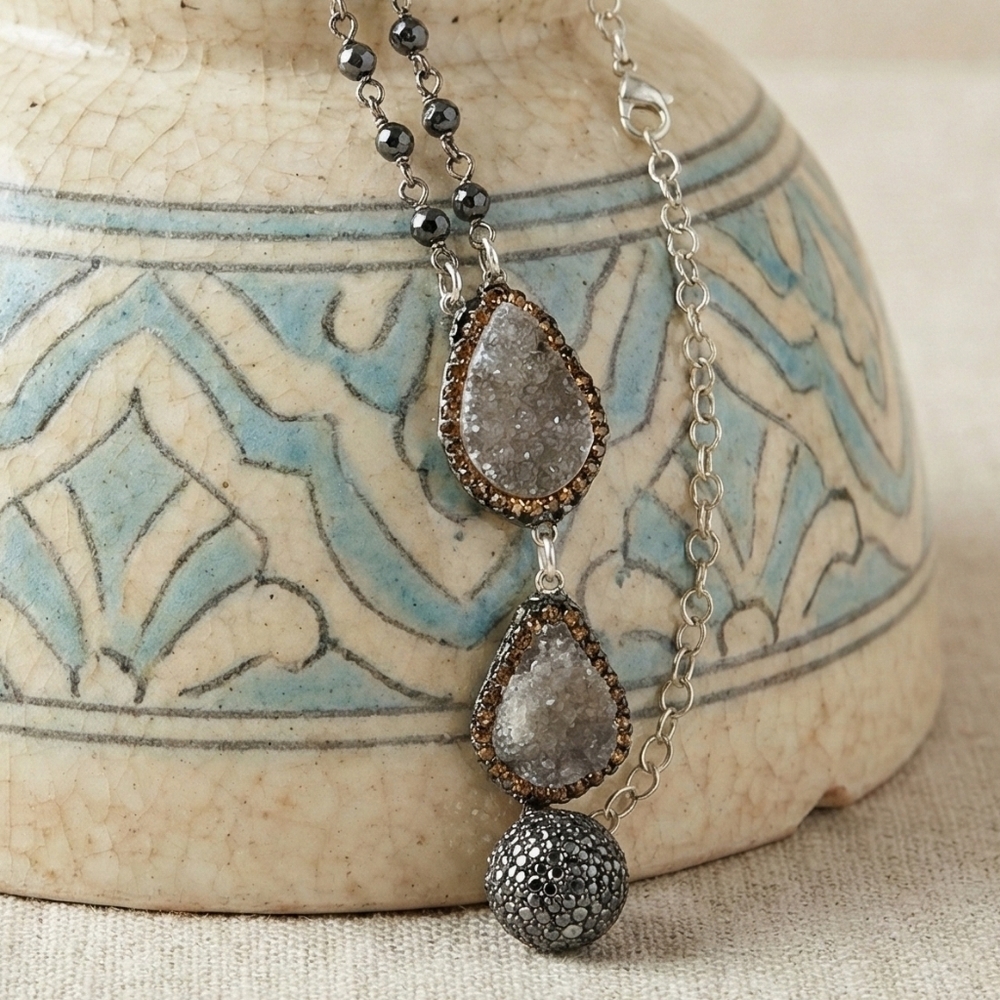 Turkish 925 Silver Druzy Chalcedony Necklace 24" Artisan Grey Gemstone Pendant